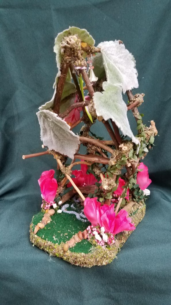 Twig Fairy House - Pink Flowers - Leaf Roof -  Table - Fairy Garden - Fairy Doll Included - 9 Tall - Hand Made