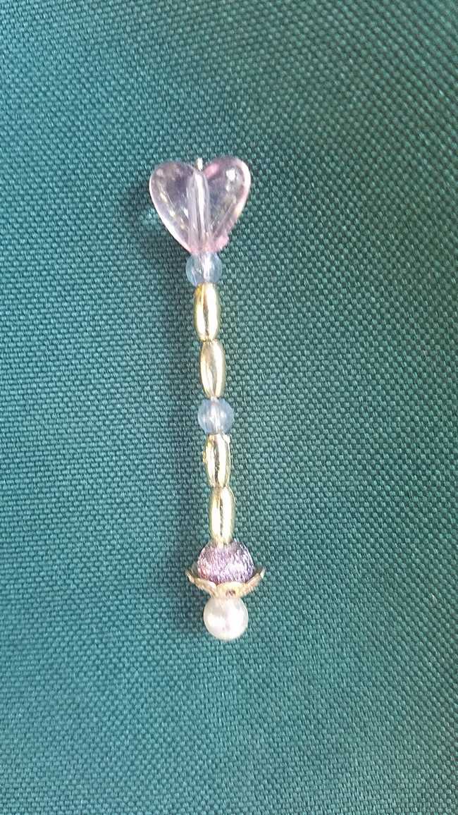 Miniature Fairy  Wand - Dolls - Silver & Purple Beads - Pearls - Pink Heart - 2'' - Hand Made