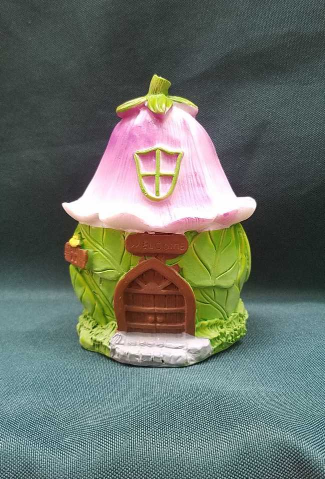 Miniature Resin Fairy House - Green Leaves - Flower Roof - Brown Door - 4'' Tall 