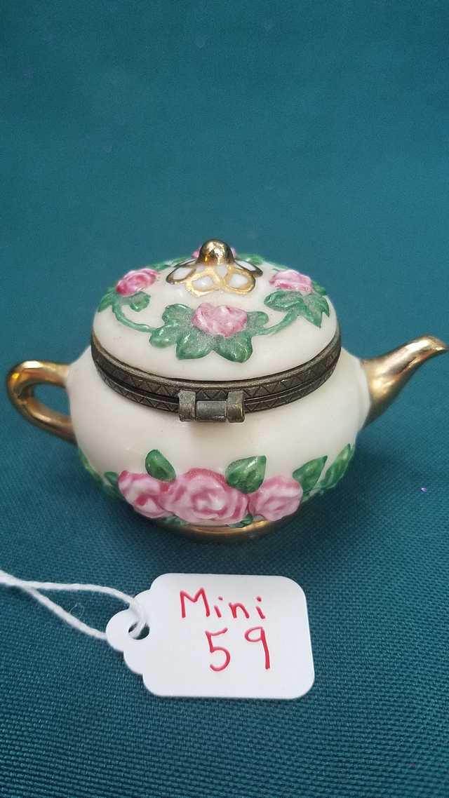 Miniature Teapot - Vintage -  White with Gold Trim - Pink Roses - Green Leaves - Golden Spoon - 2 High