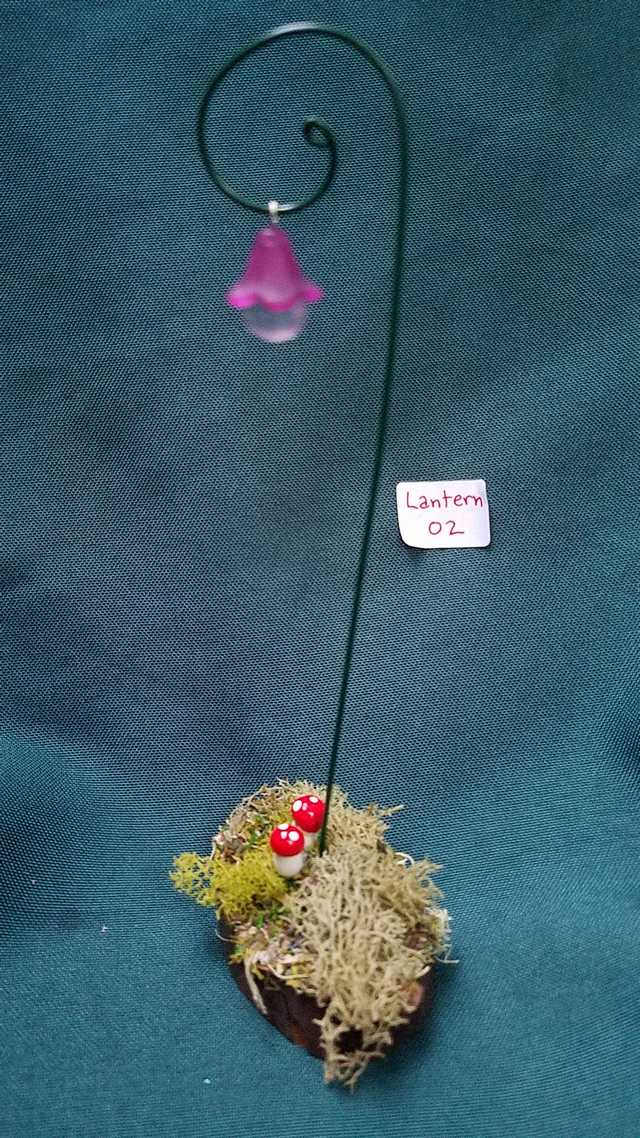 Miniature Lantern - Purple Lamp - Wood Base - Moss - Mushroms - Fairy Garden - Dollhouse - 6
