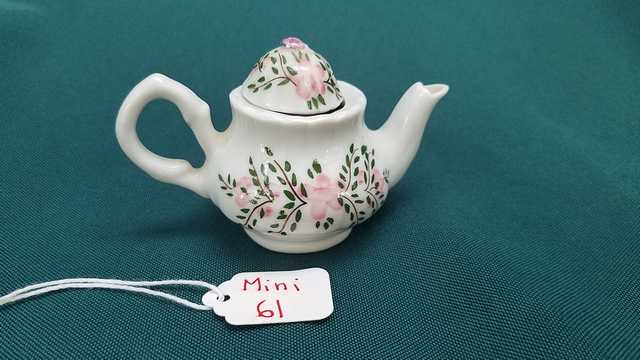 Miniature Teapot - Vintage - White with Green Leaves & Pink Flowers - 2