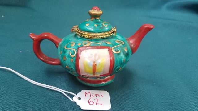 Miniature Teapot - Vintage - Turquoise with Gold Trim - Yellow Butterflies -  Gold Swirls - 2.5